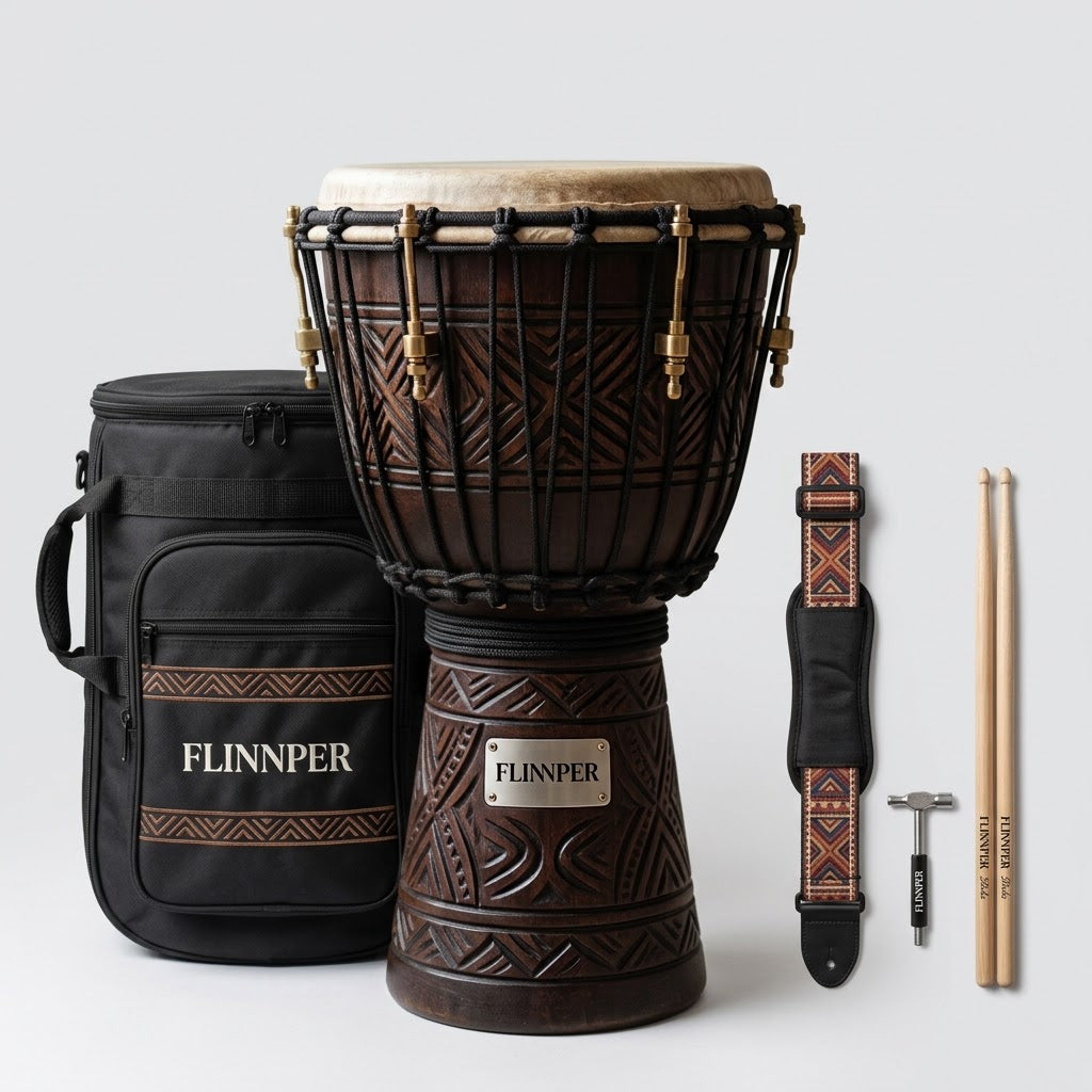 FLINNPER 10-Inch Master Series Handcrafted African Djembe Drum - Solid Mahogany Shell, Natural Goat Skin, Hybrid Rope & Lug Tuning with Deluxe Gig Bag & Carrying Strap