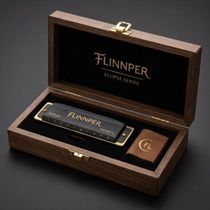 FLINNPER Eclipse Series Master 10-Hole Diatonic Harmonica in Key of C – Satin Matte Black & Gold Brass Edges with Deluxe Walnut Box
