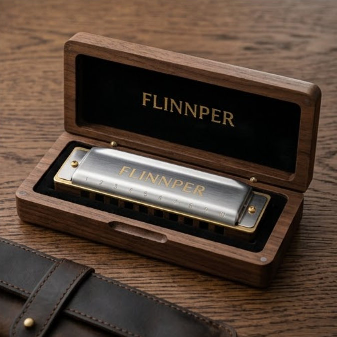 FLINNPER Master Series 10-Hole Diatonic Harmonica in Key of C – Brushed Stainless Steel & Rosewood Comb