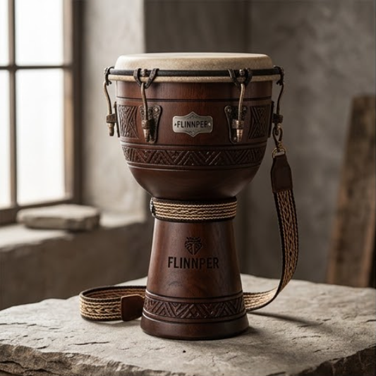 FLINNPER Professional 10" Hand Drum - African Djembe Style Percussion with Natural Goat Head, Solid Mahogany Body, Deluxe Gig Bag & Tuning Wrench