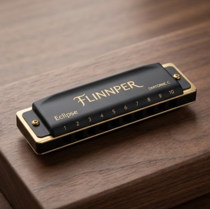 FLINNPER Eclipse Series Master 10-Hole Diatonic Harmonica in Key of C – Satin Matte Black & Gold Brass Edges with Deluxe Walnut Box
