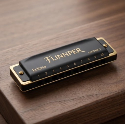 FLINNPER Eclipse Series Master 10-Hole Diatonic Harmonica in Key of C – Satin Matte Black & Gold Brass Edges with Deluxe Walnut Box