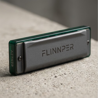 FLINNPER AETHER Series Professional Diatonic Harmonica – Matte Charcoal Grey & Translucent Emerald Green Comb with Leather Pouch