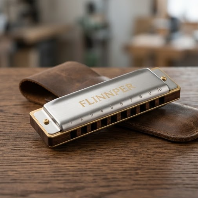 FLINNPER Master Series 10-Hole Diatonic Harmonica in Key of C – Brushed Stainless Steel & Rosewood Comb