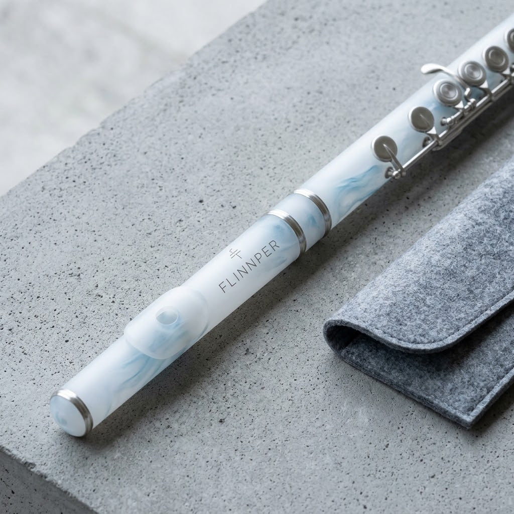 FLINNPER Arctic Frost Concert Flute – Translucent Swirl Acrylic Body & Brushed Nickel Keywork with Felt Travel Pouch