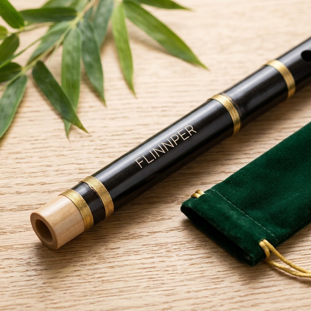 FLINNPER Imperial Ebony Black Bamboo Flute – 3-Piece Detachable Traditional Transverse Flute in Key of G with Emerald Velvet Pouch