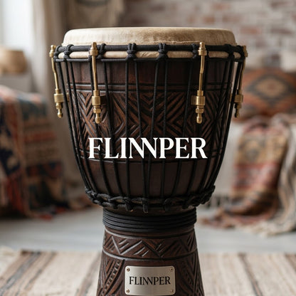 FLINNPER 10-Inch Master Series Handcrafted African Djembe Drum - Solid Mahogany Shell, Natural Goat Skin, Hybrid Rope & Lug Tuning with Deluxe Gig Bag & Carrying Strap