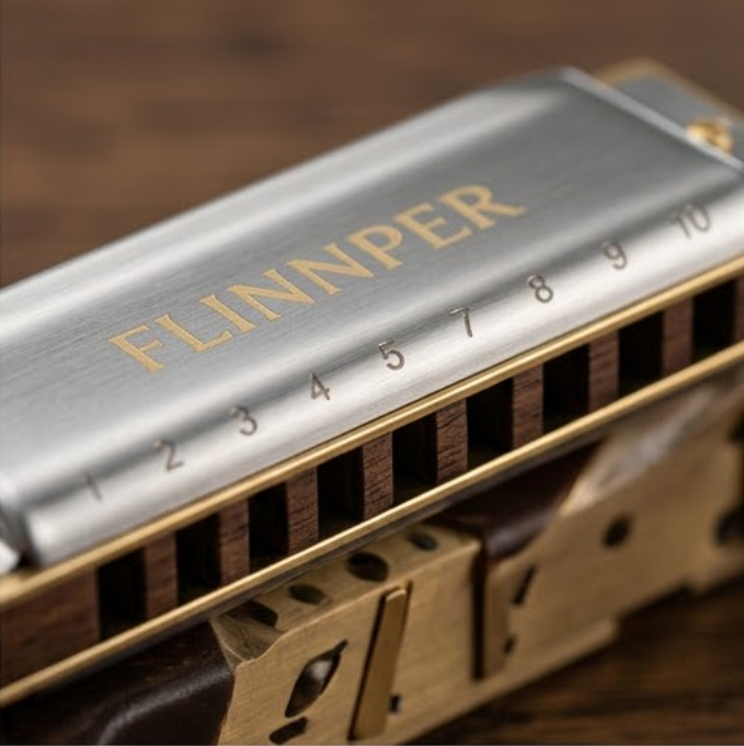 FLINNPER Master Series 10-Hole Diatonic Harmonica in Key of C – Brushed Stainless Steel & Rosewood Comb