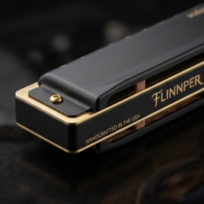 FLINNPER Eclipse Series Master 10-Hole Diatonic Harmonica in Key of C – Satin Matte Black & Gold Brass Edges with Deluxe Walnut Box