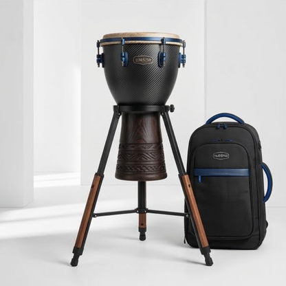 FLINNPER 10-Inch Professional Handcrafted Djembe Drum Set with Carbon Fiber Texture Shell, Blue Micro-Tuning Lugs, Natural Leather Head, Backpack Gig Bag, Shoulder Strap & Tuning Key