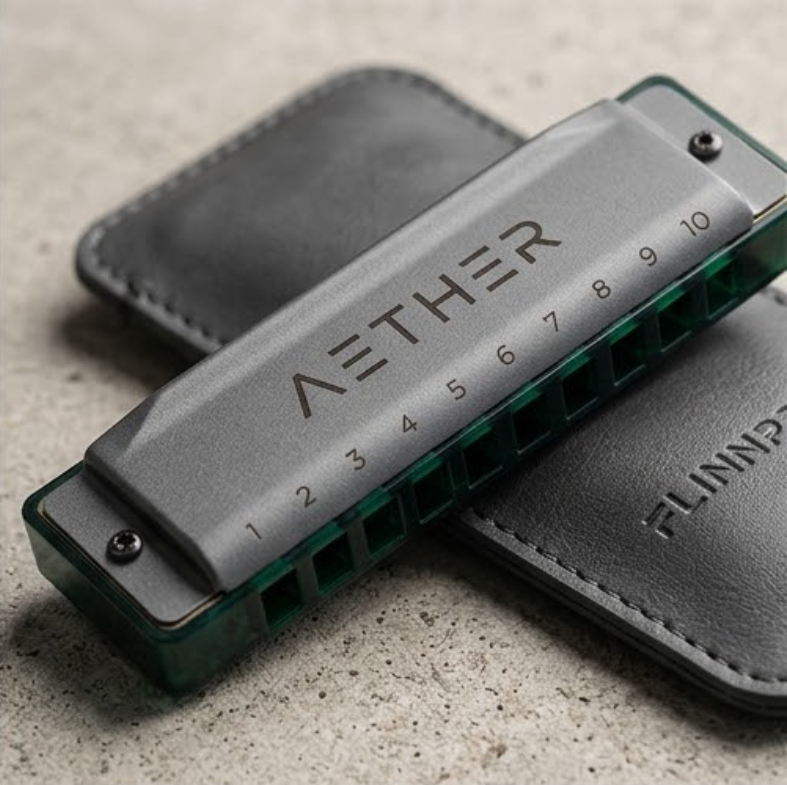 FLINNPER AETHER Series Professional Diatonic Harmonica – Matte Charcoal Grey & Translucent Emerald Green Comb with Leather Pouch
