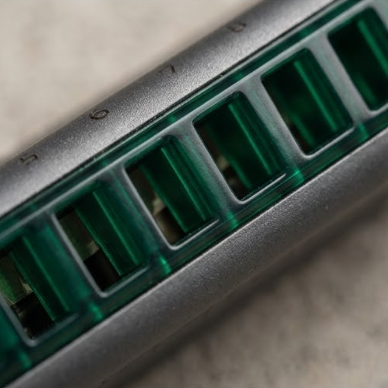 FLINNPER AETHER Series Professional Diatonic Harmonica – Matte Charcoal Grey & Translucent Emerald Green Comb with Leather Pouch