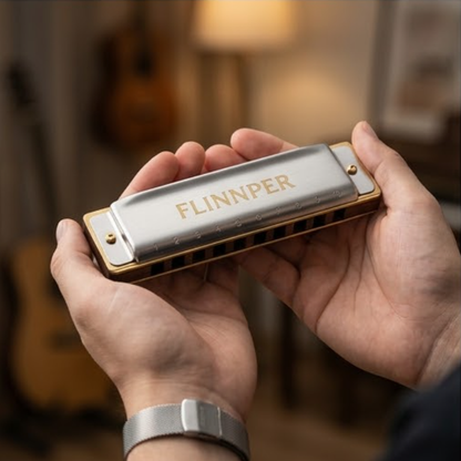 FLINNPER Master Series 10-Hole Diatonic Harmonica in Key of C – Brushed Stainless Steel & Rosewood Comb