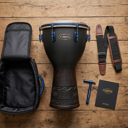 FLINNPER 10-Inch Professional Handcrafted Djembe Drum Set with Carbon Fiber Texture Shell, Blue Micro-Tuning Lugs, Natural Leather Head, Backpack Gig Bag, Shoulder Strap & Tuning Key