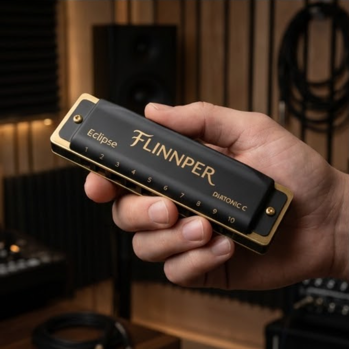 FLINNPER Eclipse Series Master 10-Hole Diatonic Harmonica in Key of C – Satin Matte Black & Gold Brass Edges with Deluxe Walnut Box