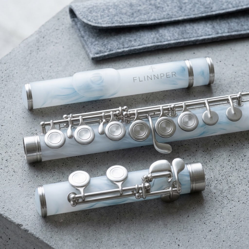 FLINNPER Arctic Frost Concert Flute – Translucent Swirl Acrylic Body & Brushed Nickel Keywork with Felt Travel Pouch