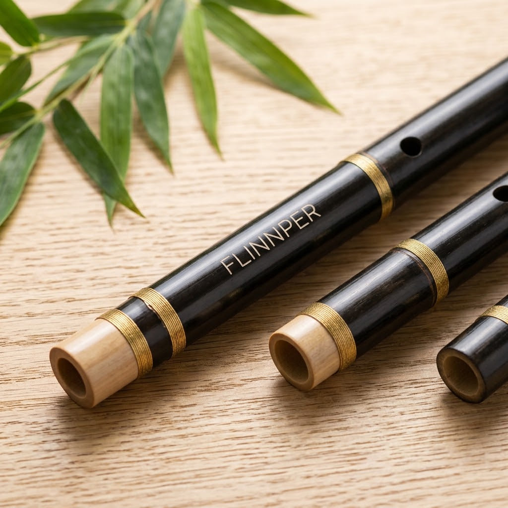 FLINNPER Imperial Ebony Black Bamboo Flute – 3-Piece Detachable Traditional Transverse Flute in Key of G with Emerald Velvet Pouch