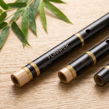 FLINNPER Imperial Ebony Black Bamboo Flute – 3-Piece Detachable Traditional Transverse Flute in Key of G with Emerald Velvet Pouch