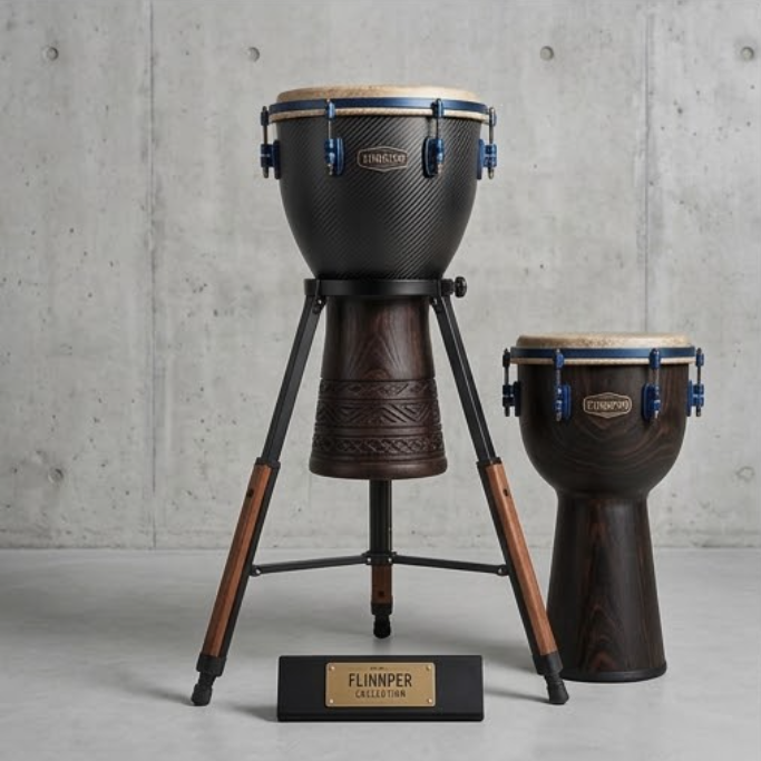 FLINNPER 10-Inch Professional Handcrafted Djembe Drum Set with Carbon Fiber Texture Shell, Blue Micro-Tuning Lugs, Natural Leather Head, Backpack Gig Bag, Shoulder Strap & Tuning Key