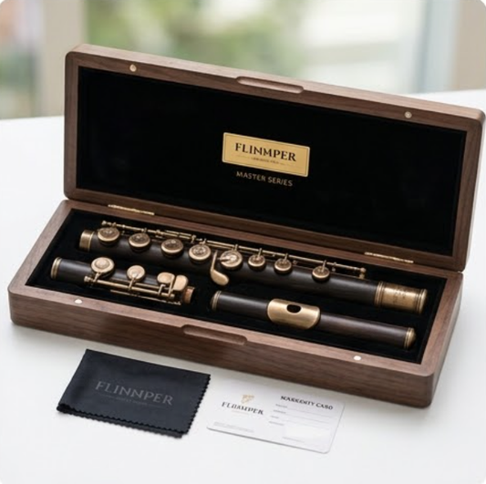 FLINNPER Master Series Vintage Ebony Concert Flute – Aged African Blackwood & Antique Brass Keywork with Walnut Hardwood Case