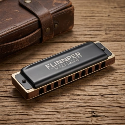 FLINNPER Acoustic Master 10-Hole Diatonic Harmonica – Matte Black & Vintage Brass