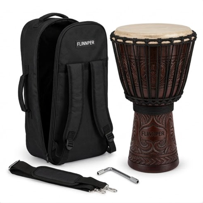 FLINNPER 10-Inch Professional Handcrafted Djembe Drum Set with Adjustable Heavy-Duty Floor Stand, Solid Mahogany Shell, Natural Leather Head, Backpack Gig Bag & Micro-Tuning Wrench