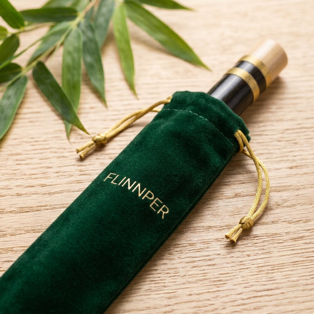 FLINNPER Imperial Ebony Black Bamboo Flute – 3-Piece Detachable Traditional Transverse Flute in Key of G with Emerald Velvet Pouch